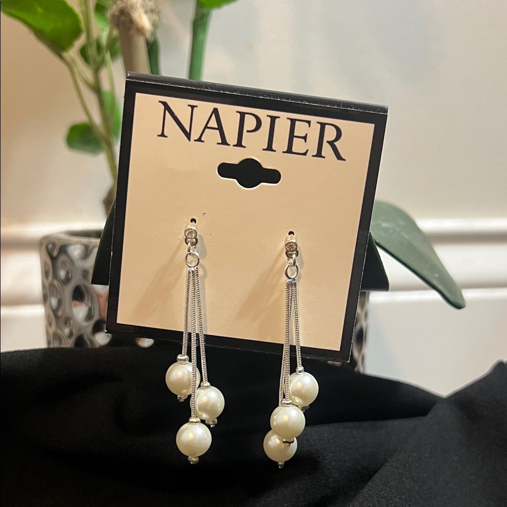 Napier Silver and Cream Pearl Dangle Earrings